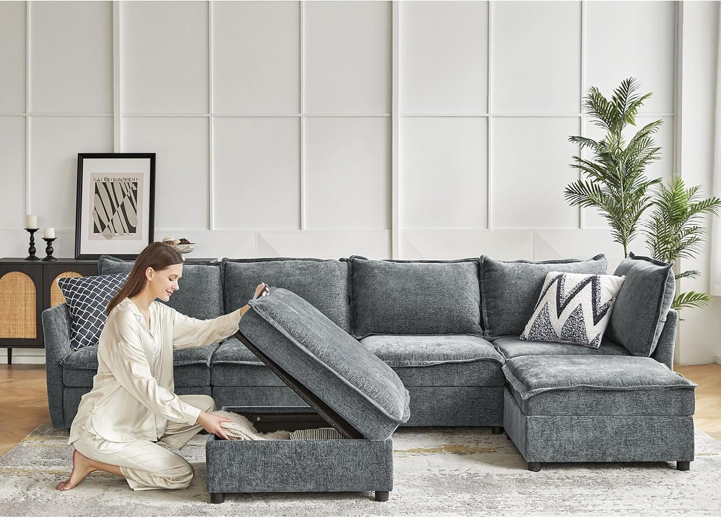 127'' Modular Sectional Sofa, Oversized U Shaped Couch with Storage Ottoman, Extra Deep Seat, Modern Comfy Chenille Sofa with Chaise, 6 Seat Convertible Couches for Living Room, Grey