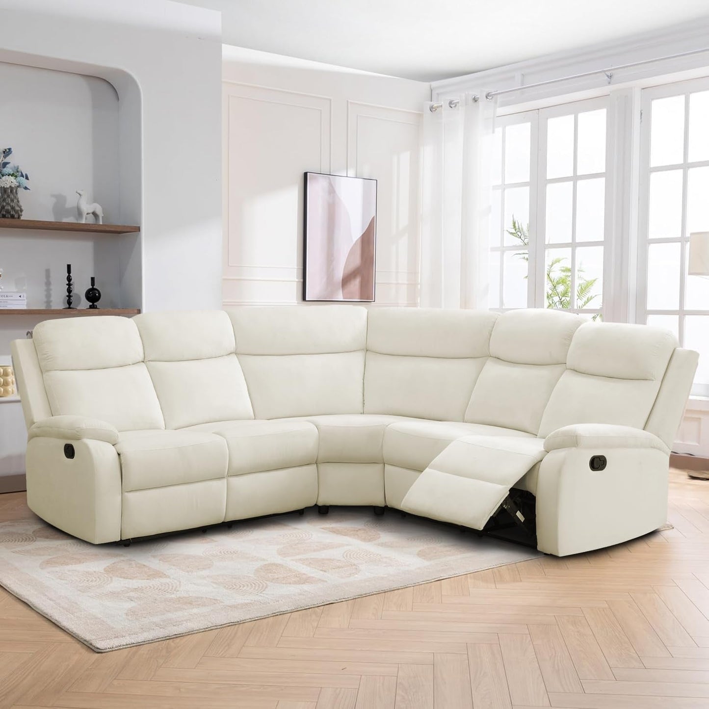 Off-White Flannel Recliner Sectional Sofa 5 Seats