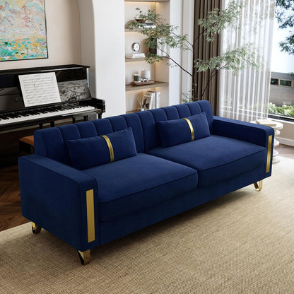 2-Piece Loveseat Couch Set for Living Room, 86" Blue Velvet Sofa Couch with 4 Pillows & Gold Metal Legs, Modern Upholstered Sofa Set Love Seat Sectional Couches for Apartment Home Office