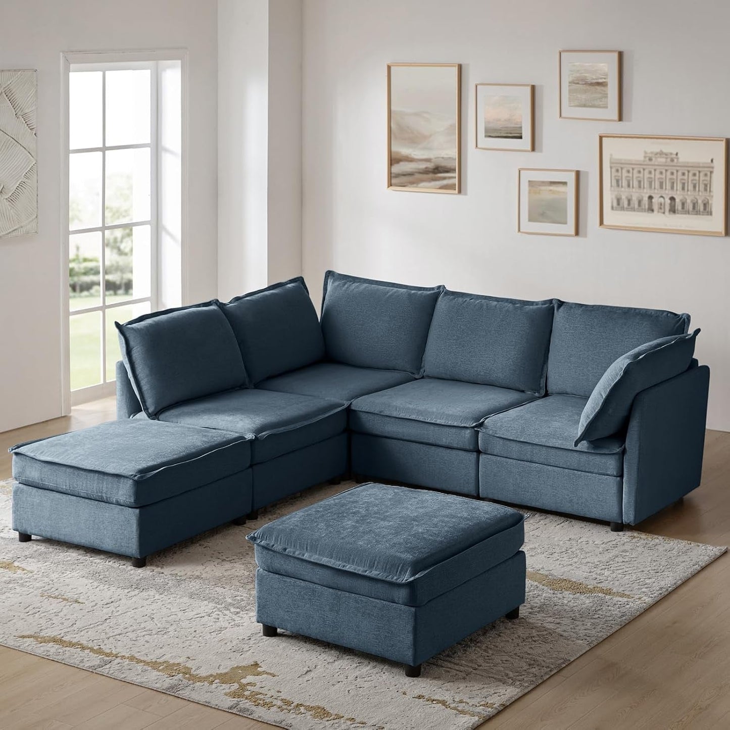 127'' Modular Sectional Sofa, Oversized U Shaped Couch with Storage Ottoman, Extra Deep Seat, Modern Comfy Chenille Sofa with Chaise, 6 Seat Convertible Couches for Living Room, Blue