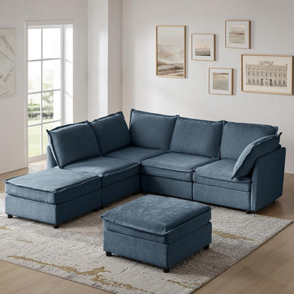 127'' Modular Sectional Sofa, Oversized U Shaped Couch with Storage Ottoman, Extra Deep Seat, Modern Comfy Chenille Sofa with Chaise, 6 Seat Convertible Couches for Living Room, Blue