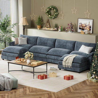 Sectional Modular Sofa U Shaped Chenille Fabric Couch with High Supportive & Soft Sponges and Removable Ottoman, Sleeper Comfy Upholstered Furniture for Living Room, Blue