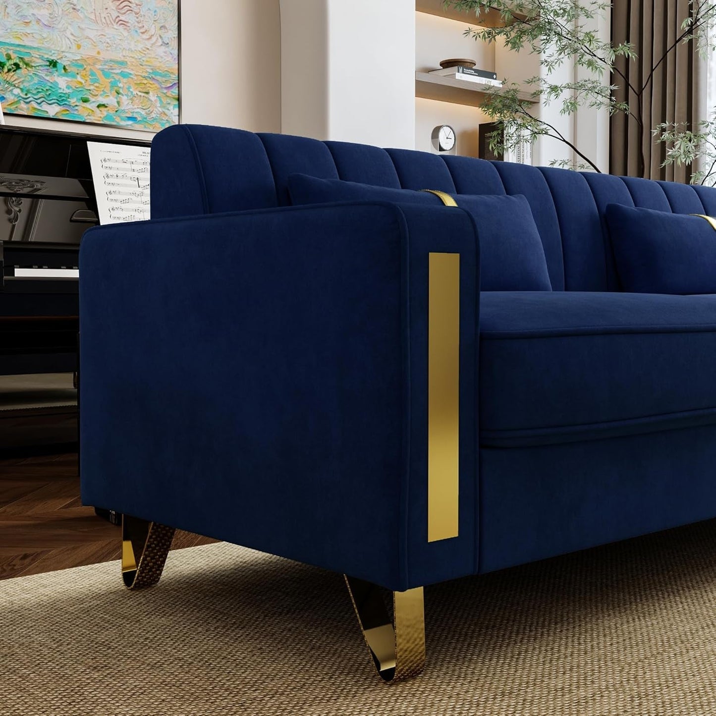 2-Piece Loveseat Couch Set for Living Room, 86" Blue Velvet Sofa Couch with 4 Pillows & Gold Metal Legs, Modern Upholstered Sofa Set Love Seat Sectional Couches for Apartment Home Office