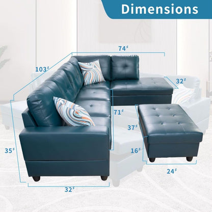 L-Shaped 3-Piece Semi PU Synthetic Leather Sofa with Storage Ottoman Set, Sectional Couch Sofa Set for Living Room, Office, Small Space, Peacock Blue
