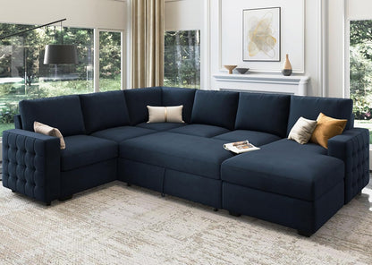 Velvet U-Sectional Sleeper Sofa, Pull-Out Bed, Blue