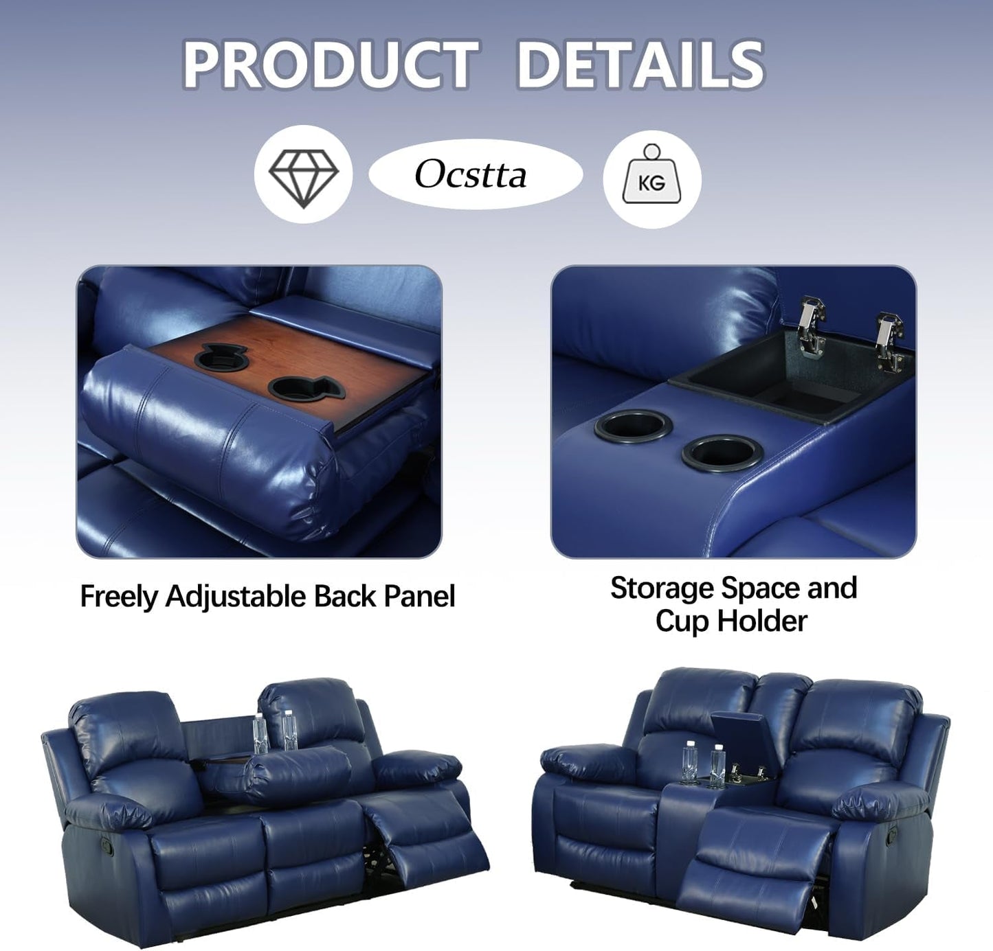 Manual Leather Recliner Sofa Set for Living Room Furniture Set,Leather Recliner Couch Set for Home/Office,Leather Couch Set for 3-Pieces(Sofa+Loveseat+Chair) Blue