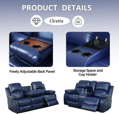 Manual Leather Recliner Sofa Set for Living Room Furniture Set,Leather Recliner Couch Set for Home/Office,Leather Couch Set for 3-Pieces(Sofa+Loveseat+Chair) Blue