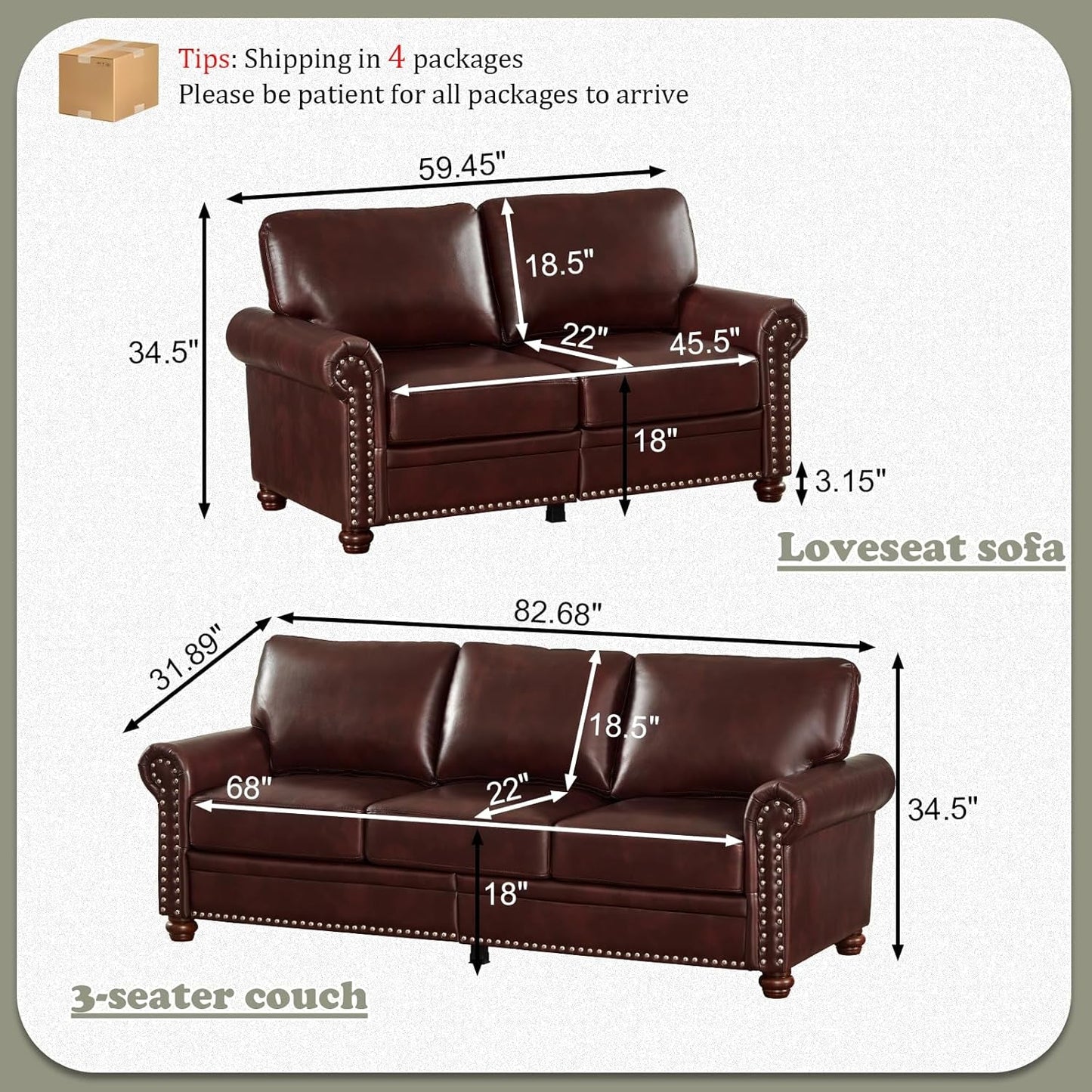 2-Piece Comfy Upholstered PU Leather Sofa Couch Set, Mid-Century Modern Loveseat Sofa+3 Seater Couch with Storage Space for Living Room, Furniture Set, Red Brown