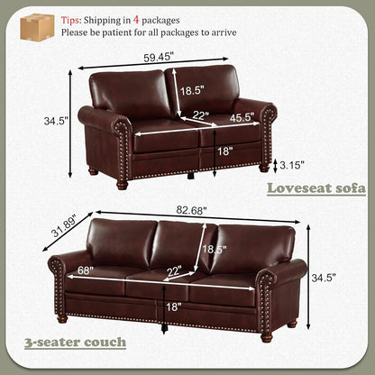 2-Piece Comfy Upholstered PU Leather Sofa Couch Set, Mid-Century Modern Loveseat Sofa+3 Seater Couch with Storage Space for Living Room, Furniture Set, Red Brown