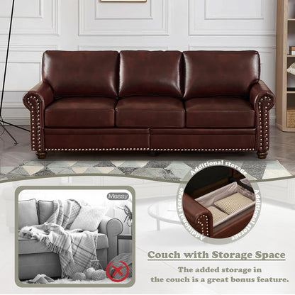 2-Piece Comfy Upholstered PU Leather Sofa Couch Set, Mid-Century Modern Loveseat Sofa+3 Seater Couch with Storage Space for Living Room, Furniture Set, Red Brown