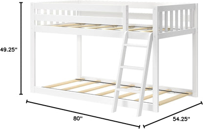 White Fundamental Twin Low Bunk Bed, Kids Solid Wood Modern Bed Frame