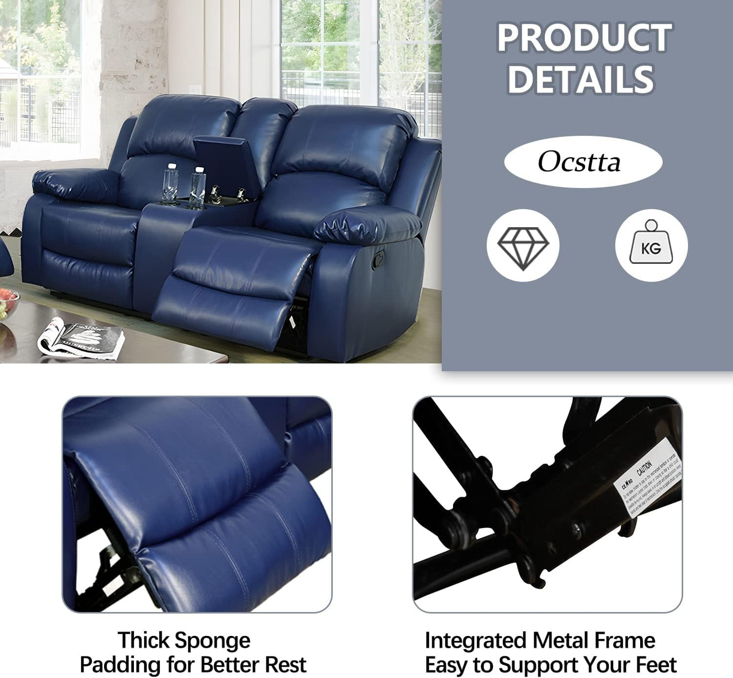 Manual Leather Recliner Sofa Set for Living Room Furniture Set,Leather Recliner Couch Set for Home/Office,Leather Couch Set for 3-Pieces(Sofa+Loveseat+Chair) Blue
