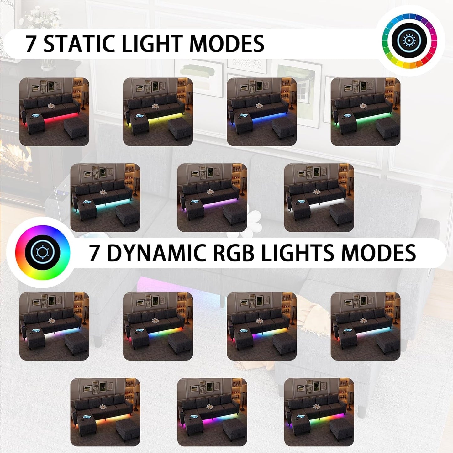 Sectional Couches for Living Room, 4 Seat Linen Sectional Sofa with Reversible Chaise Lounge/Storage Ottoman, U Shaped Couch with Smart Module-Wireless Charging/Usb/Type-C/Rgb Light (Blue)