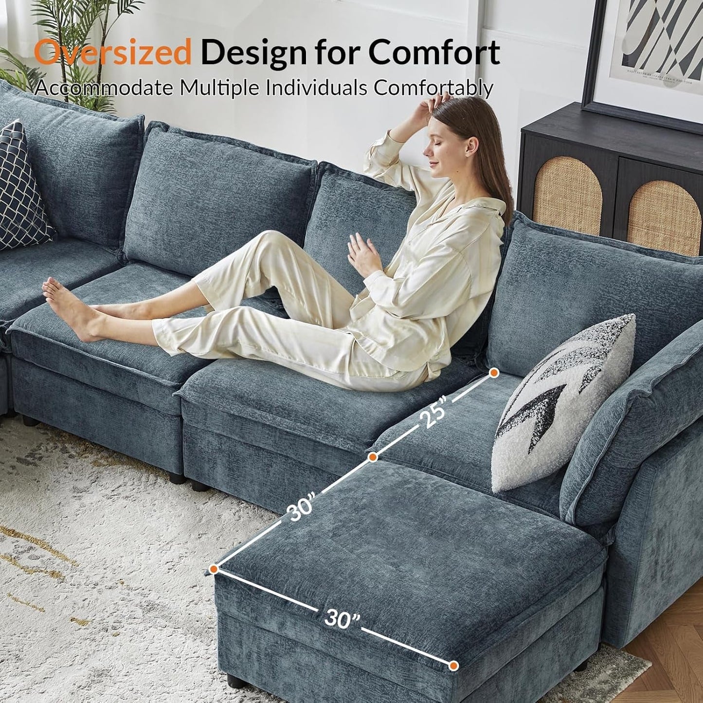 127'' Modular Sectional Sofa, Oversized U Shaped Couch with Storage Ottoman, Extra Deep Seat, Modern Comfy Chenille Sofa with Chaise, 6 Seat Convertible Couches for Living Room, Blue