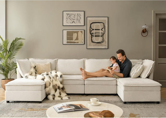 127'' Modular Sectional Sofa, Oversized U Shaped Couch with Storage Ottoman, Extra Deep Seat, Modern Comfy Chenille Sofa with Chaise, 6 Seat Convertible Couches for Living Room, Beige