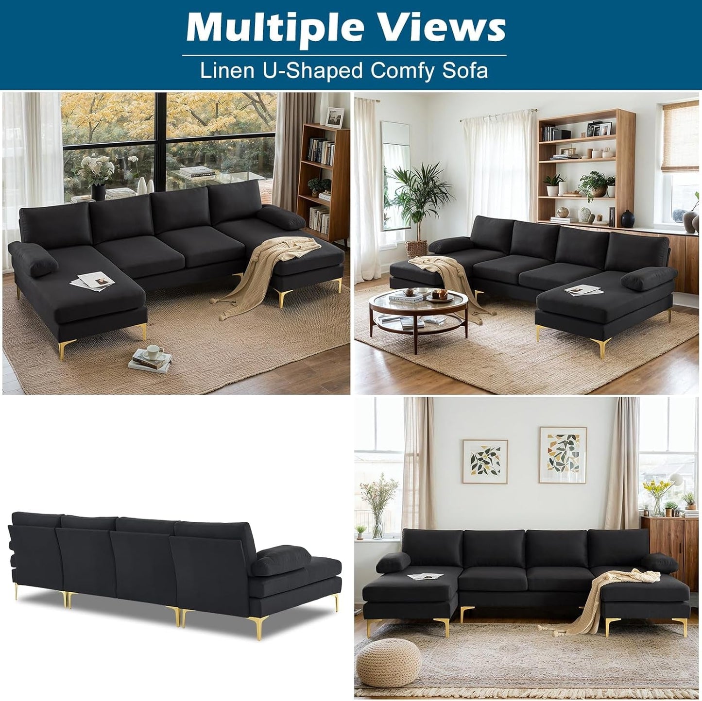 110" Modern U Shaped Sectional Couch with 51"D Double Chaise for Living Room, Black Deep Seat Sectional Sofa Sets with 5.9" Thickness Seating Padding for Home Furniture,Linen Fabric,Metal Legs