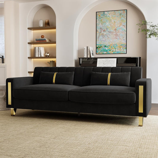 2-Piece Loveseat Couch Set for Living Room, 86" Black Velvet Sofa Couch with 4 Pillows & Gold Metal Legs, Modern Upholstered Sofa Set Love Seat Sectional Couches for Apartment Home Office