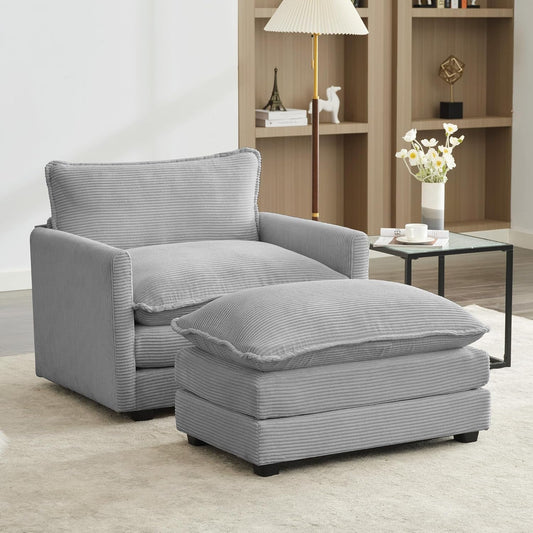 Convertible Sectional Couch with Ottoman, Corduroy Single Armchair with Ottoman, Upholstered Couch with Convertible Chaise, Modern Living Room Furniture Set, Light Grey