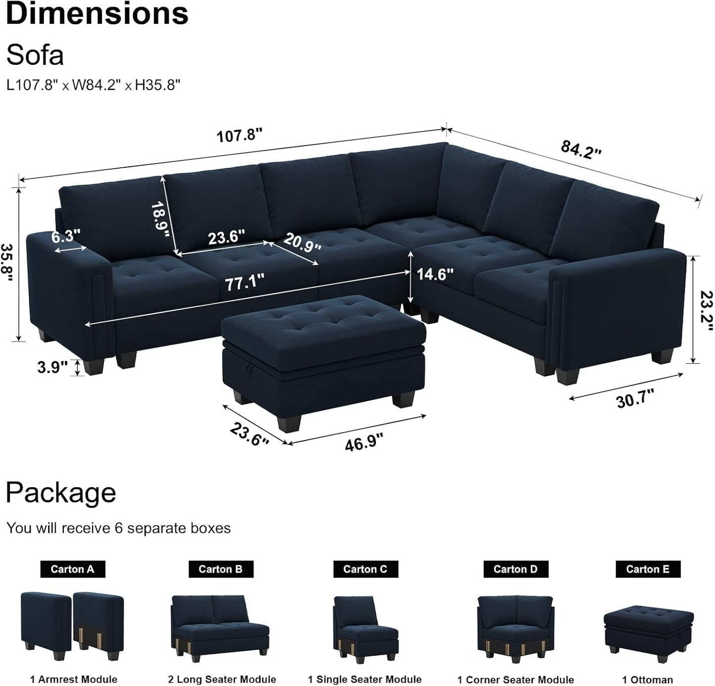 Velvet L Shaped Sofa Couch with Reversible Chaise Convertible Modular Sectional Sofa Set with Storage Ottoman Corner Sofa Set for Living Room Blue
