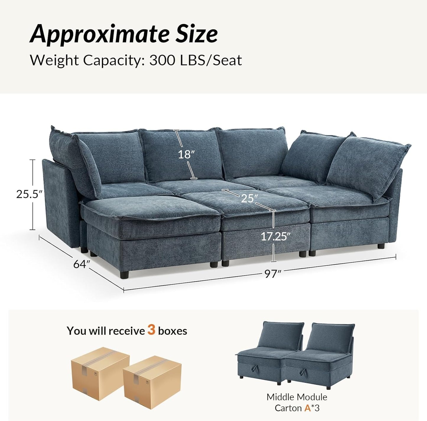 127'' Modular Sectional Sofa, Oversized U Shaped Couch with Storage Ottoman, Extra Deep Seat, Modern Comfy Chenille Sofa with Chaise, 6 Seat Convertible Couches for Living Room, Blue