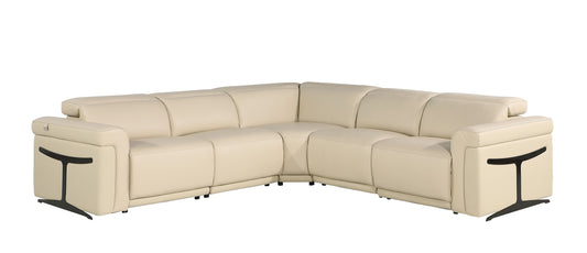 Beige Italian Leather Modular L Shaped Five Piece Corner Sectional