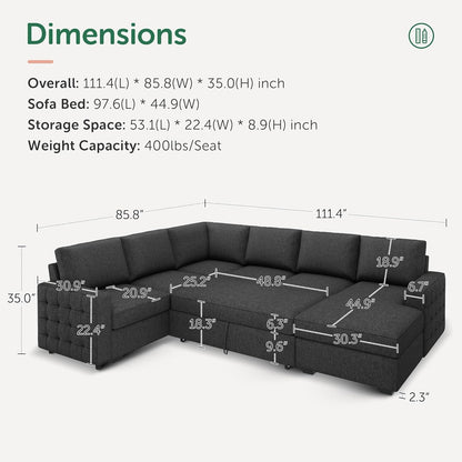 Sectional Sleeper Sofa with Pull Out Bed, Reversible Sectional Sleeper Couch with Storage Chaise U Shape Sectional Sofa, Dark Grey