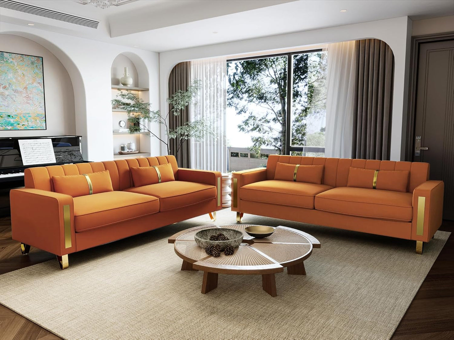 2-Piece Loveseat Couch Set for Living Room, 86" Orange Velvet Sofa Couch with 4 Pillows & Gold Metal Legs, Modern Upholstered Sofa Set Love Seat Sectional Couches for Apartment Home Office