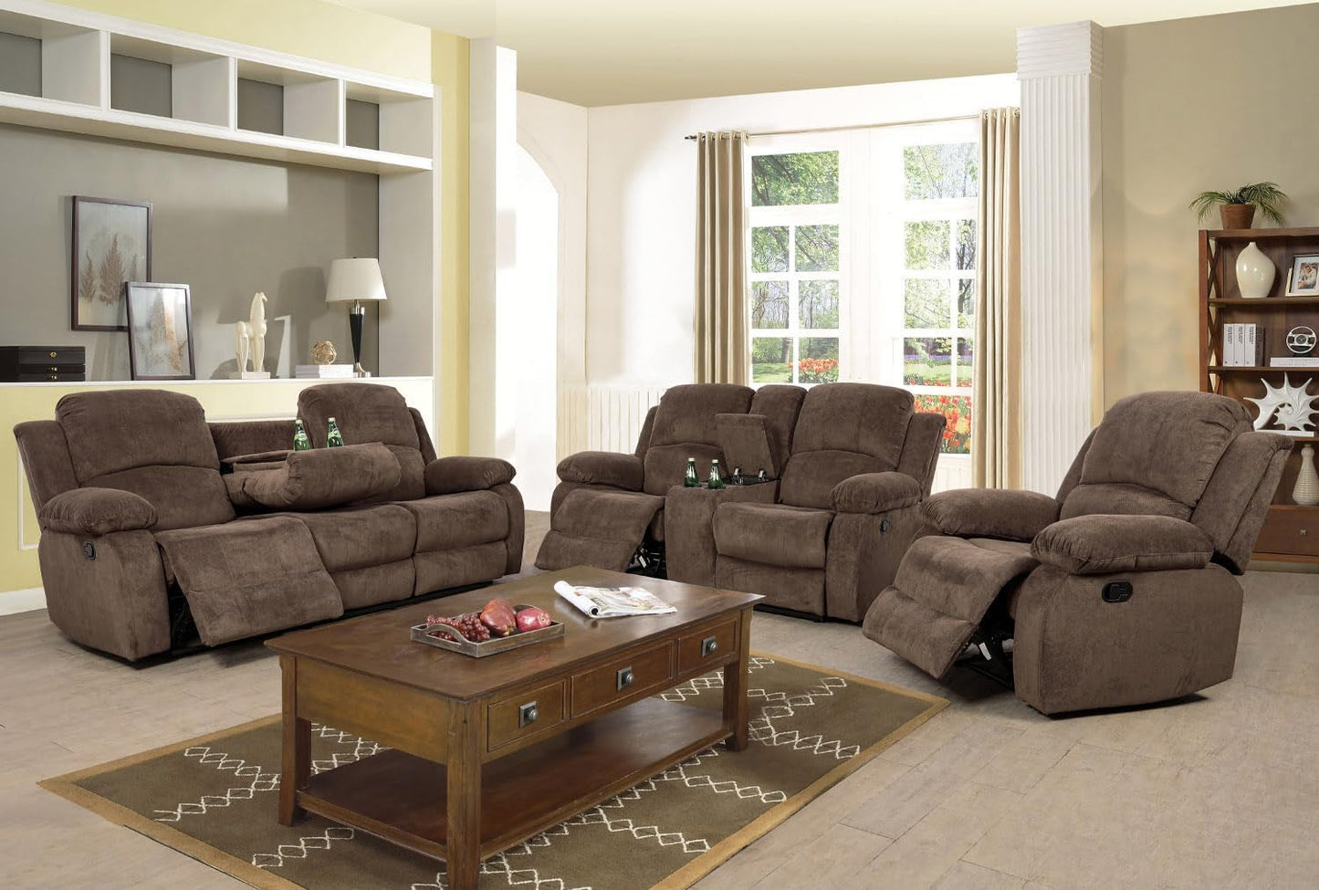 Manual Recliner Sofa Set,Microfiber Reclining Couch Set,Modern Living Room Furniture Set,Reclining Sofa Couch Chair for Living Room Home Office(Brown,3 Pieces Set)