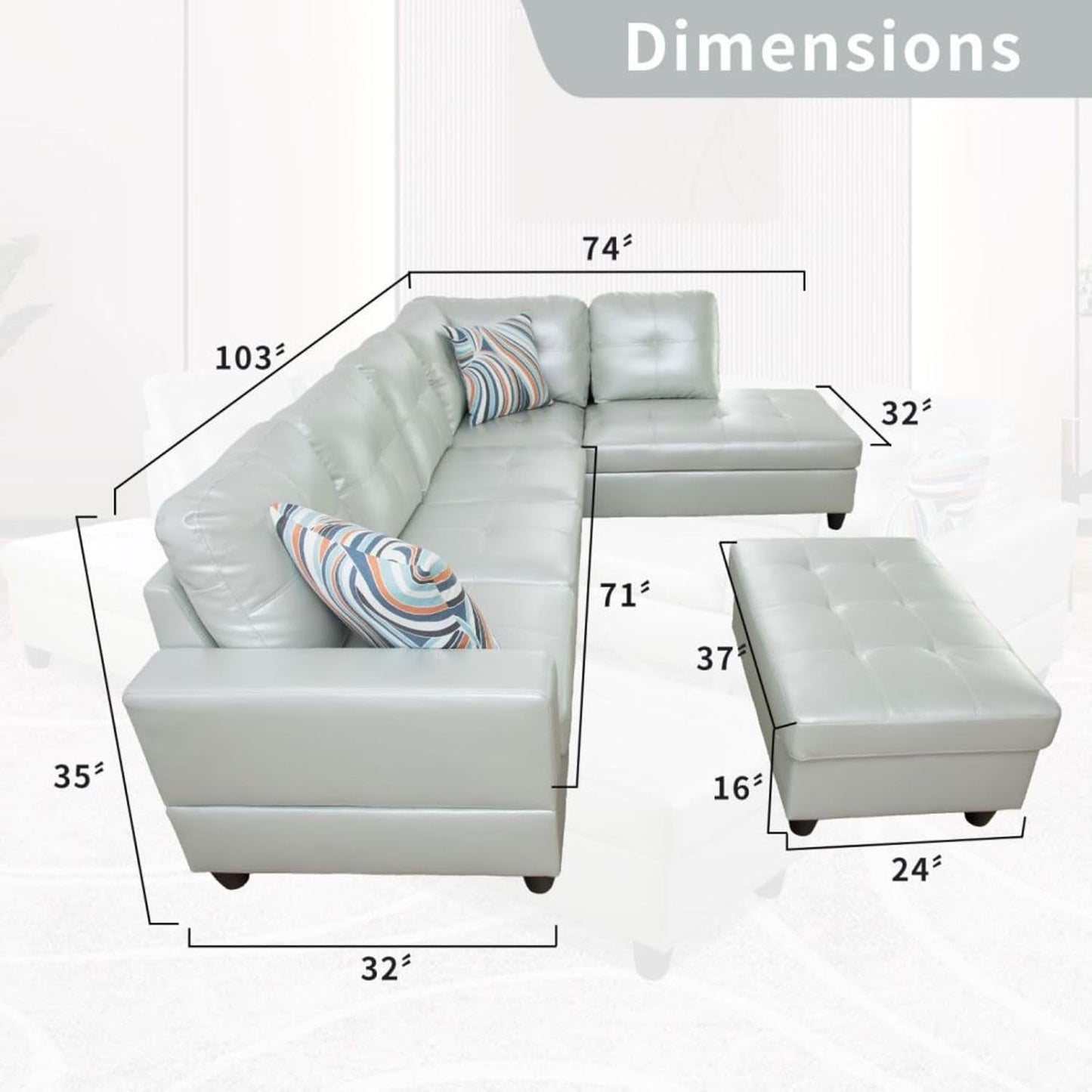 L-Shaped 3-Piece Semi PU Synthetic Leather Sofa with Storage Ottoman Set, Sectional Couch Sofa Set for Living Room, Office, Small Space, Silver Green