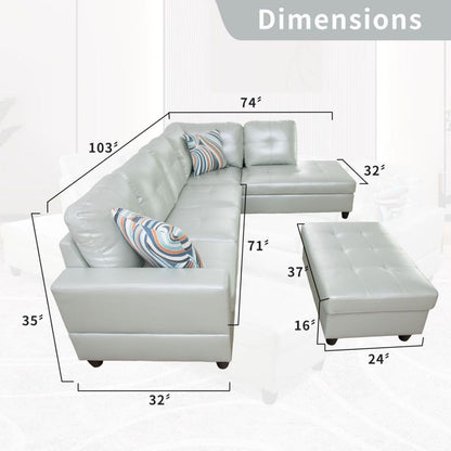 L-Shaped 3-Piece Semi PU Synthetic Leather Sofa with Storage Ottoman Set, Sectional Couch Sofa Set for Living Room, Office, Small Space, Silver Green