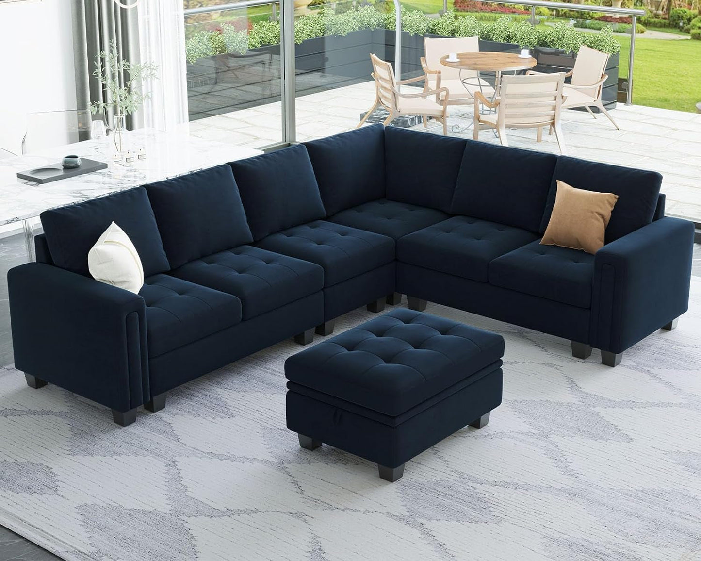 Velvet L Shaped Sofa Couch with Reversible Chaise Convertible Modular Sectional Sofa Set with Storage Ottoman Corner Sofa Set for Living Room Blue