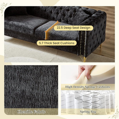 2 Pieces Chenille Living Room Furniture Sofa Couch Set,Button Tufted Comfy Couch with Nailhead Trim&Metal Legs,Mid Century Modern Couch and Loveseat Sets for Living Room(Loveseat+3 Seater Sofa,Black)