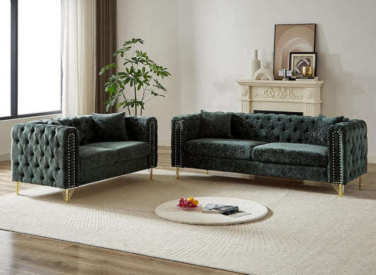 2 Pieces Chenille Living Room Furniture Sofa Couch Set,Button Tufted Comfy Couch with Nailhead Trim&Metal Legs,Mid Century Modern Couch and Loveseat Sets for Living Room(Loveseat+3 Seater Sofa,Green)