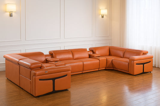 Camel Italian Leather Power Reclining U Shaped Eight Piece Sectional With Console