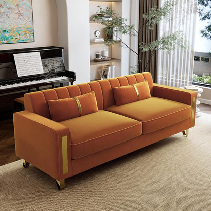 2-Piece Loveseat Couch Set for Living Room, 86" Orange Velvet Sofa Couch with 4 Pillows & Gold Metal Legs, Modern Upholstered Sofa Set Love Seat Sectional Couches for Apartment Home Office