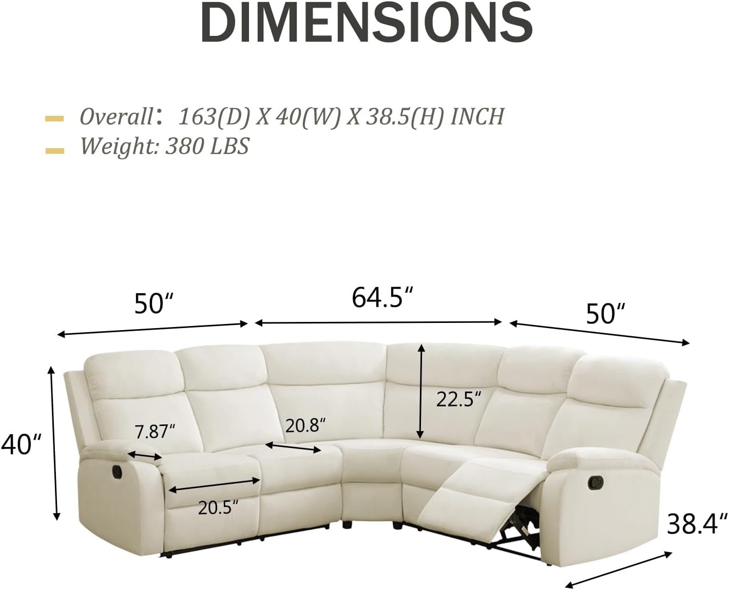 Off-White Flannel Recliner Sectional Sofa 5 Seats