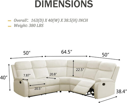 Off-White Flannel Recliner Sectional Sofa 5 Seats
