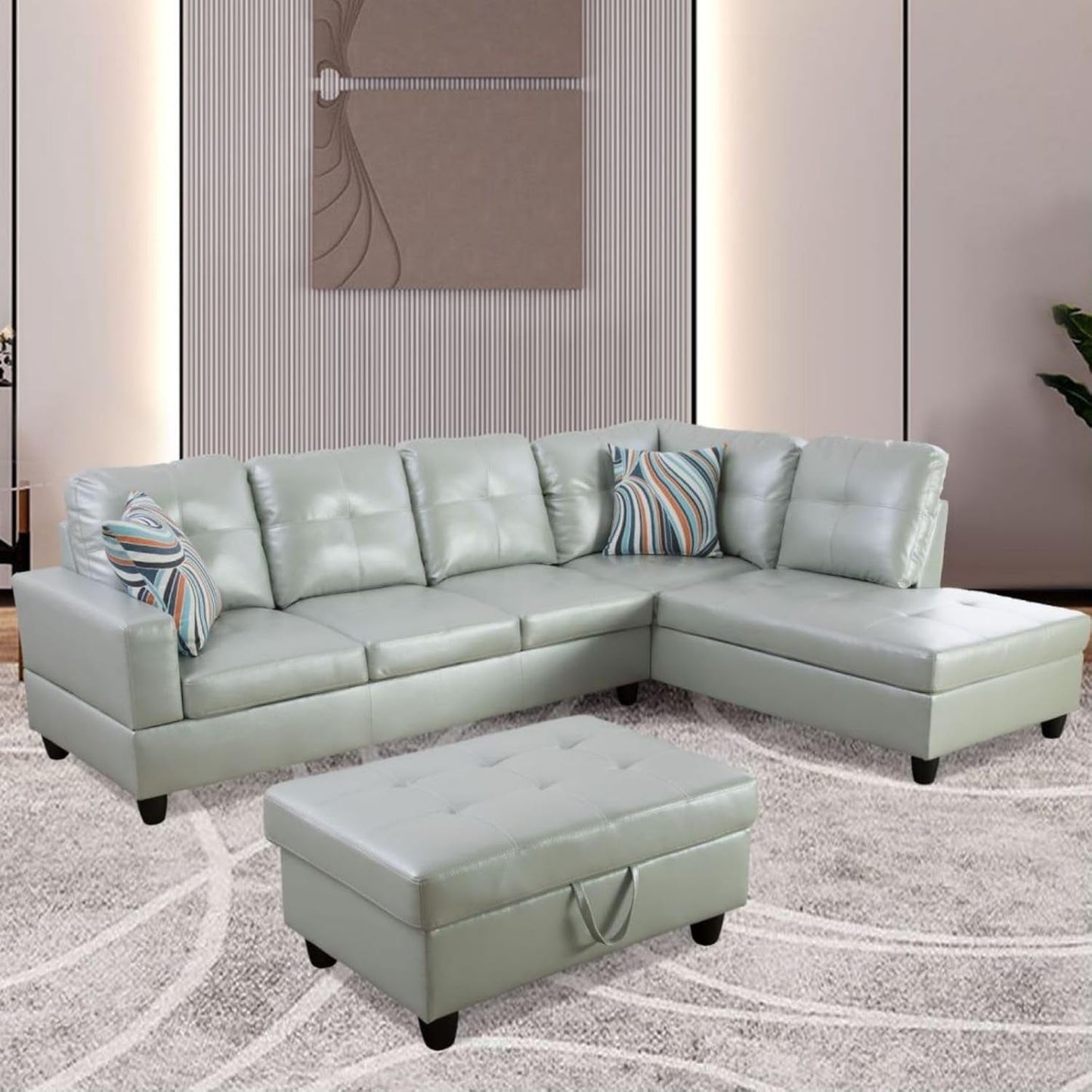 L-Shaped 3-Piece Semi PU Synthetic Leather Sofa with Storage Ottoman Set, Sectional Couch Sofa Set for Living Room, Office, Small Space, Silver Green