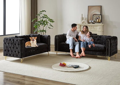 2 Pieces Chenille Living Room Furniture Sofa Couch Set,Button Tufted Comfy Couch with Nailhead Trim&Metal Legs,Mid Century Modern Couch and Loveseat Sets for Living Room(Loveseat+3 Seater Sofa,Black)