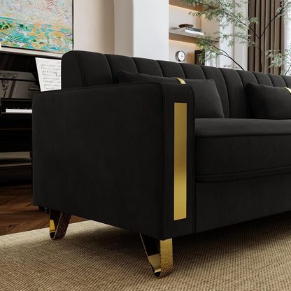 2-Piece Loveseat Couch Set for Living Room, 86" Black Velvet Sofa Couch with 4 Pillows & Gold Metal Legs, Modern Upholstered Sofa Set Love Seat Sectional Couches for Apartment Home Office