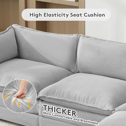 Convertible Sectional Couch with Ottoman, Corduroy Single Armchair with Ottoman, Upholstered Couch with Convertible Chaise, Modern Living Room Furniture Set, Light Grey