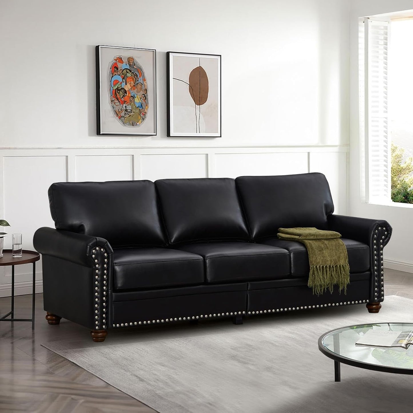 2-Piece Comfy Upholstered PU Leather Sofa Couch Set, Mid-Century Modern Loveseat Sofa+3 Seater Couch with Storage Space for Living Room, Furniture Set, Black