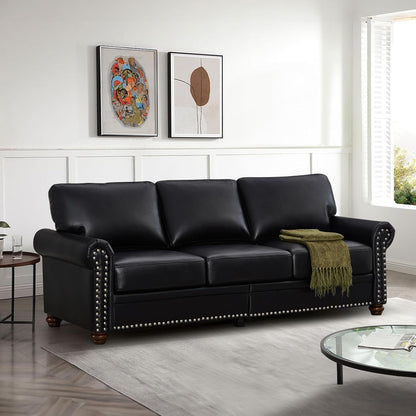 2-Piece Comfy Upholstered PU Leather Sofa Couch Set, Mid-Century Modern Loveseat Sofa+3 Seater Couch with Storage Space for Living Room, Furniture Set, Black