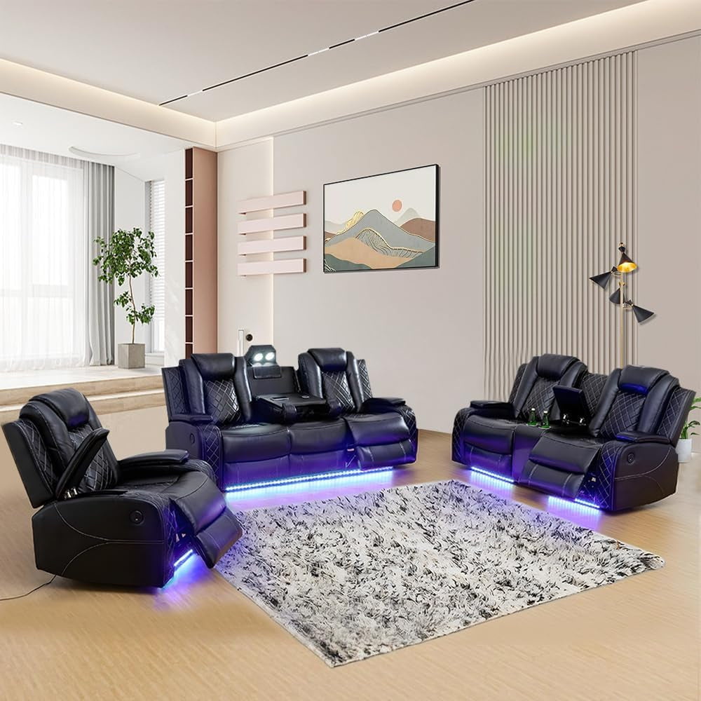 Luxury Living Room Furniture Sets Power Recliner Sectional Sofa Recliner Couch Set Recliner Leather Couch and Recliner Set Loveseat Chair for House/Office/Theater Seating(A-Black)