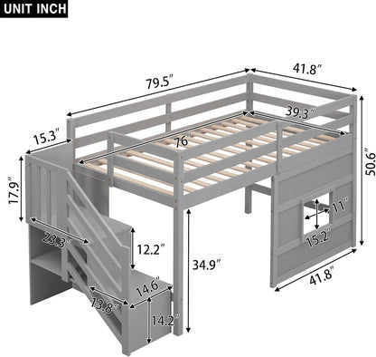 Twin Size Low Loft Bed with Stairs, Kids Loft Bed with Storage,Solid Wood Twin Loft Bed Frame for Kids, Space Saving Low Loft Bed for Boys, Girls, Gray