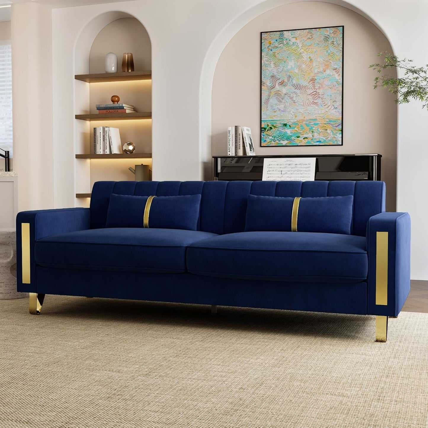 2-Piece Loveseat Couch Set for Living Room, 86" Blue Velvet Sofa Couch with 4 Pillows & Gold Metal Legs, Modern Upholstered Sofa Set Love Seat Sectional Couches for Apartment Home Office