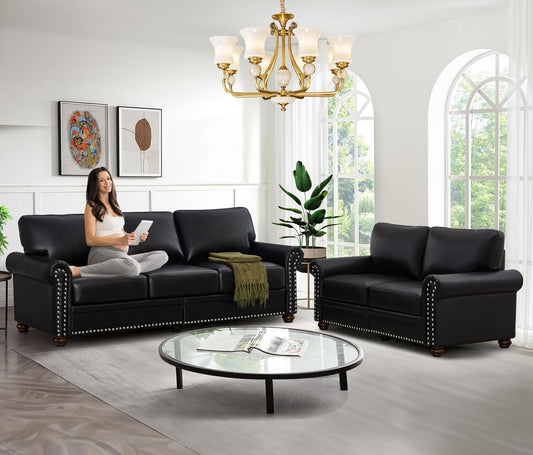 2-Piece Comfy Upholstered PU Leather Sofa Couch Set, Mid-Century Modern Loveseat Sofa+3 Seater Couch with Storage Space for Living Room, Furniture Set, Black