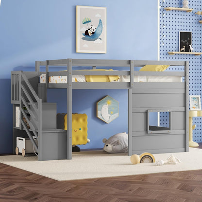 Twin Size Low Loft Bed with Stairs, Kids Loft Bed with Storage,Solid Wood Twin Loft Bed Frame for Kids, Space Saving Low Loft Bed for Boys, Girls, Gray