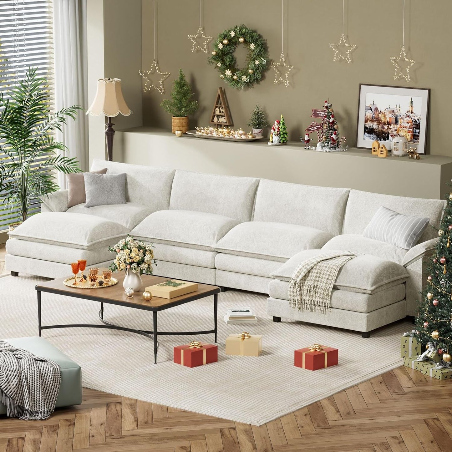 Sectional Modular Sofa U Shaped Chenille Fabric Couch with High Supportive & Soft Sponges and Removable Ottoman, Sleeper Comfy Upholstered Furniture for Living Room, White