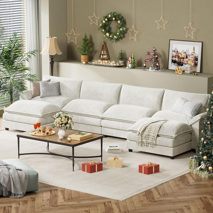 Sectional Modular Sofa U Shaped Chenille Fabric Couch with High Supportive & Soft Sponges and Removable Ottoman, Sleeper Comfy Upholstered Furniture for Living Room, White